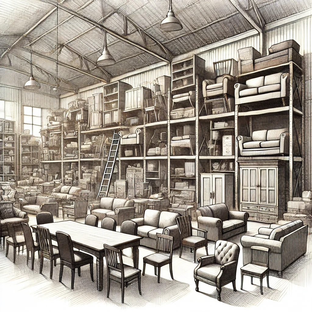A pencil sketch of a warehouse full of furniture - tables, chairs, sofas